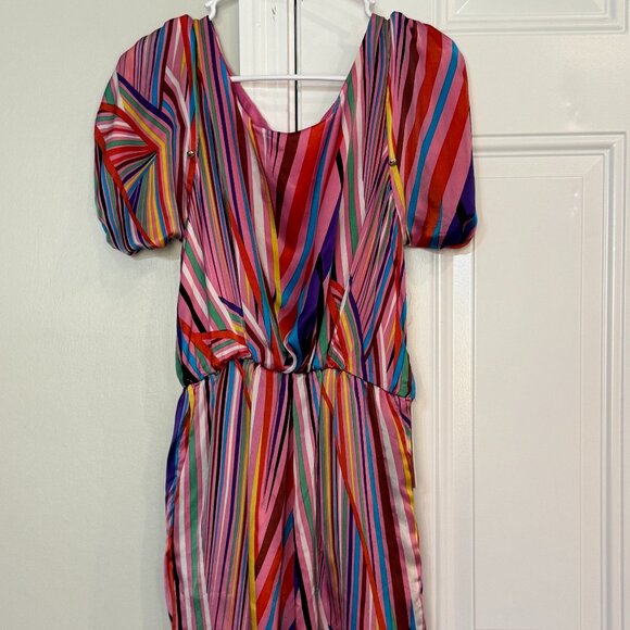 Line & Dot Multicolor Puff Sleeve Silk Mini Dress | Size S - Picture 3 of 11
